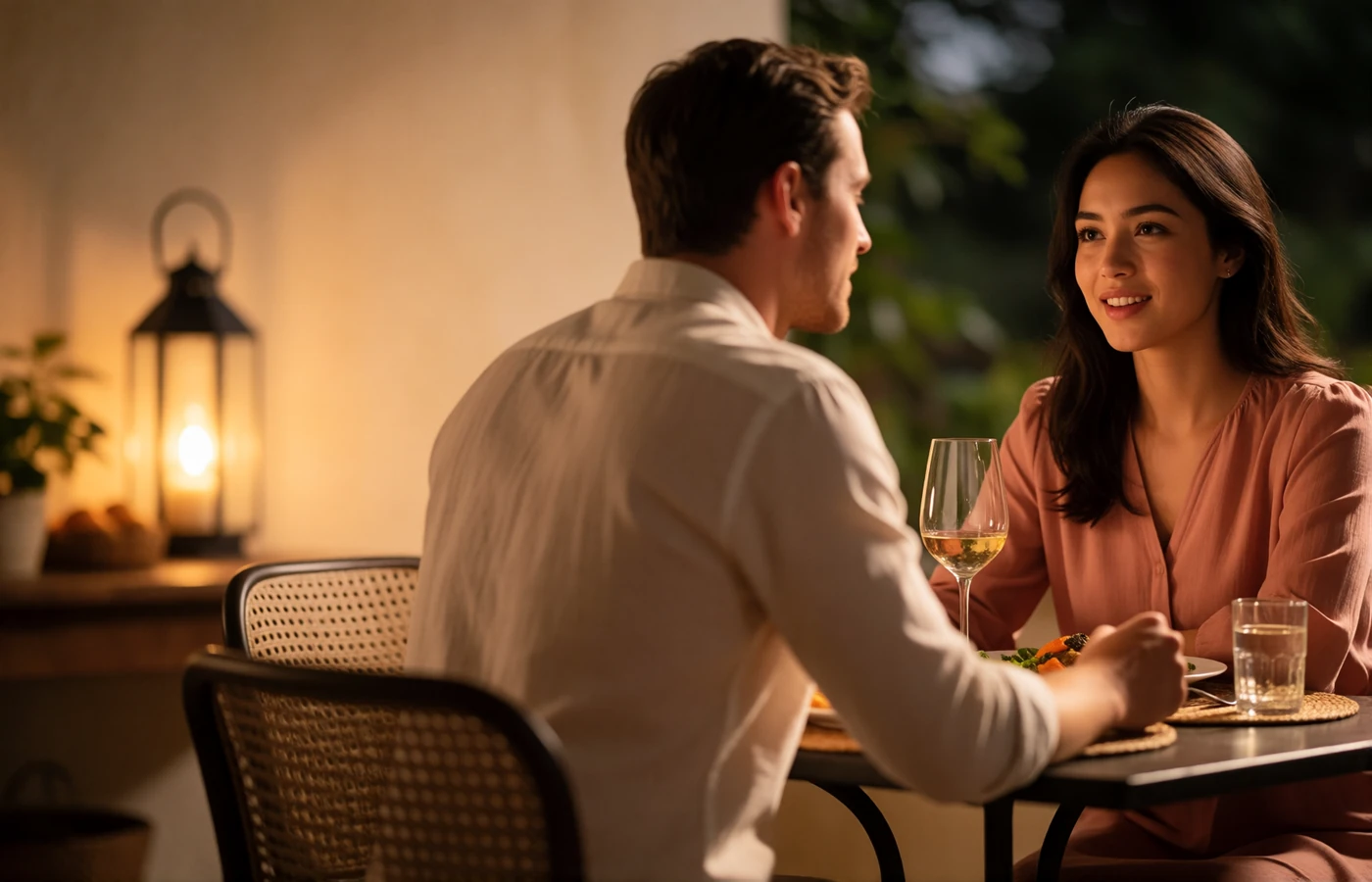 Indonesian woman in a rose blouse in relaxed conversation with a Western man at a warmly lit terrace dinner table