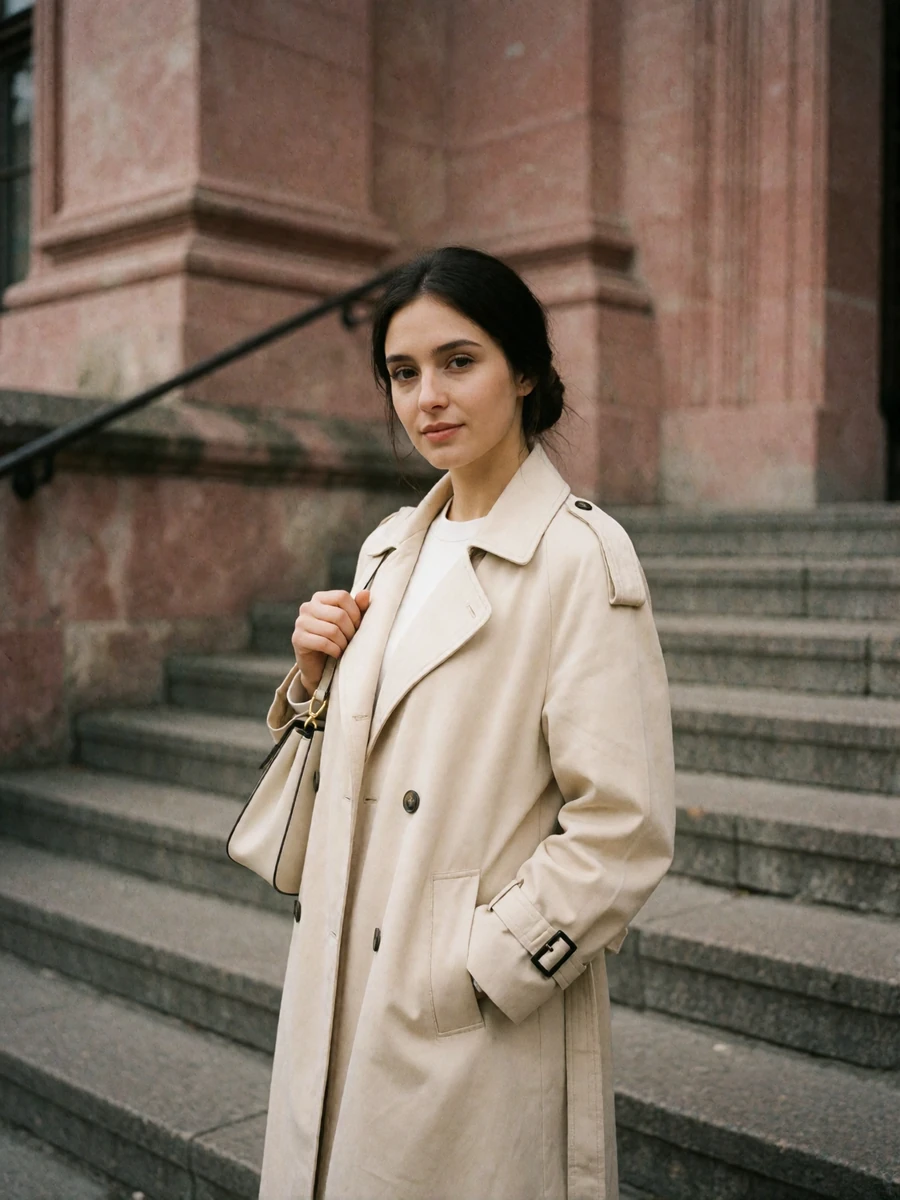 Armenian woman in a cream trench coat standing on wide stone steps of a historic building