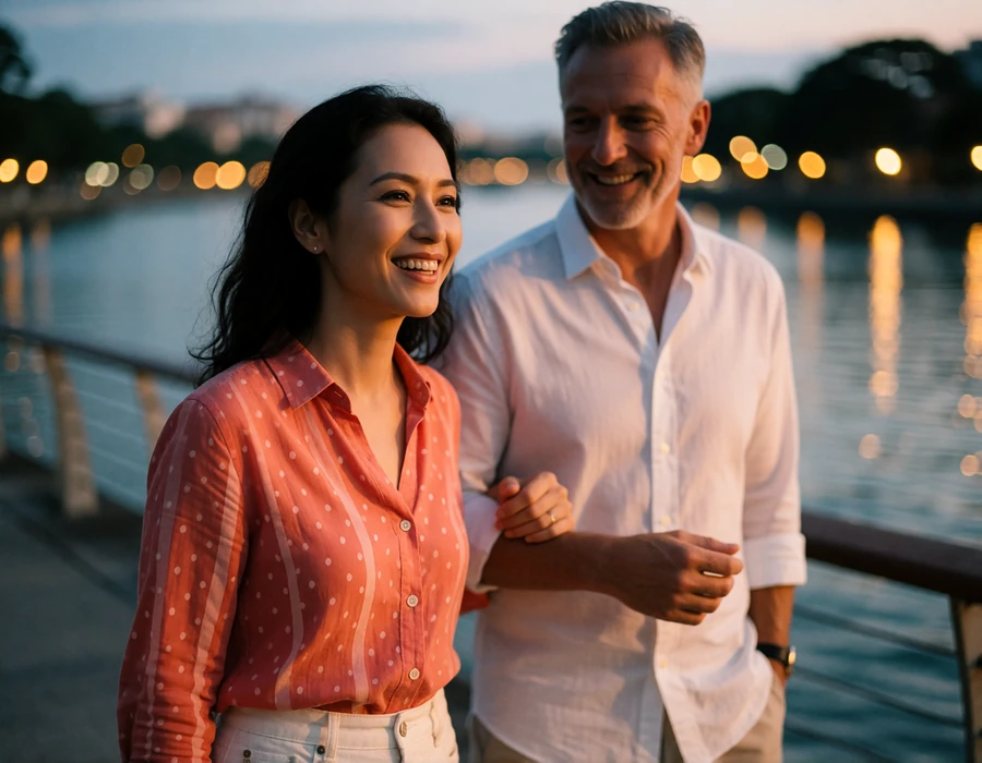 Singaporean woman and a Western man walking side by side along a riverside promenade at dusk
