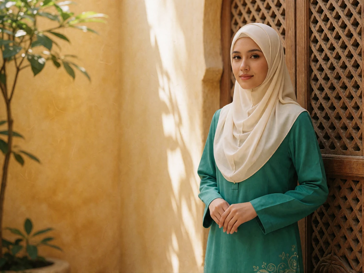 Bruneian woman in a soft emerald baju kurung and cream headscarf standing beside a carved wooden lattice screen in a quiet hotel courtyard