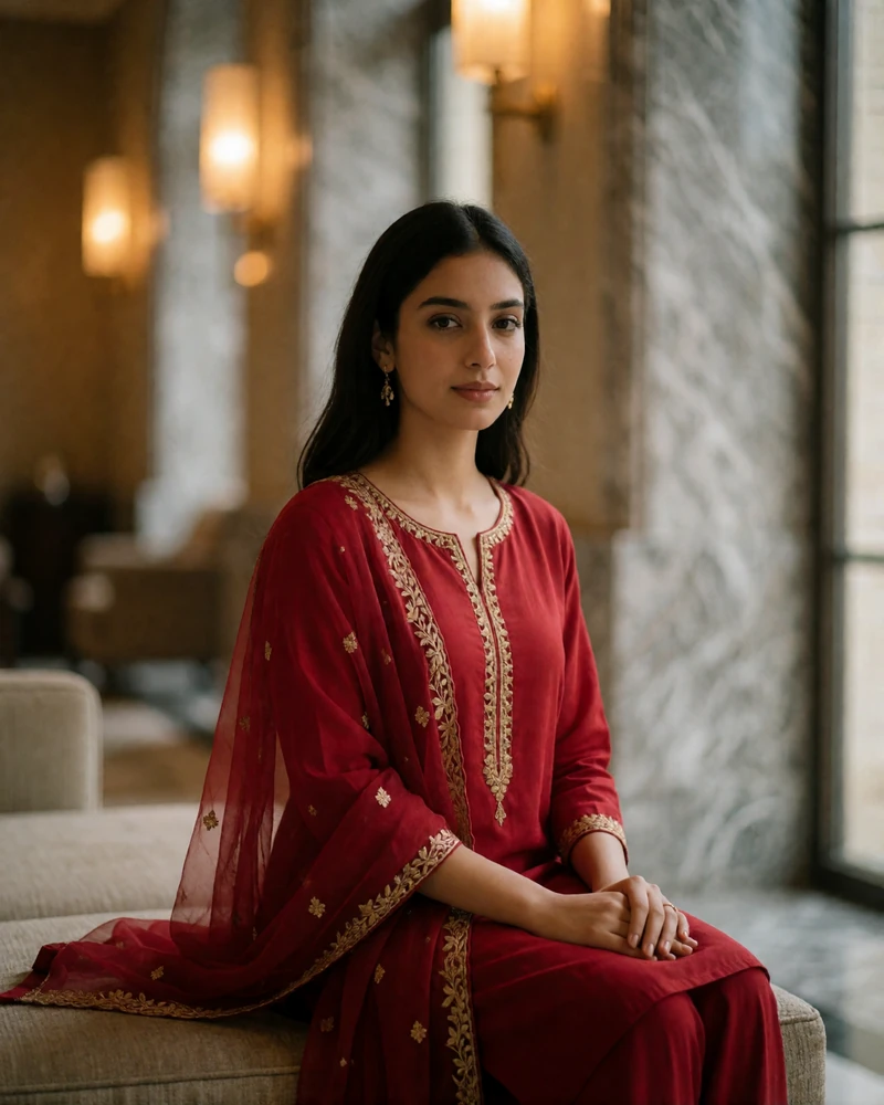 Pakistani woman in a deep red shalwar kameez with gold embroidery seated in an elegant hotel lobby