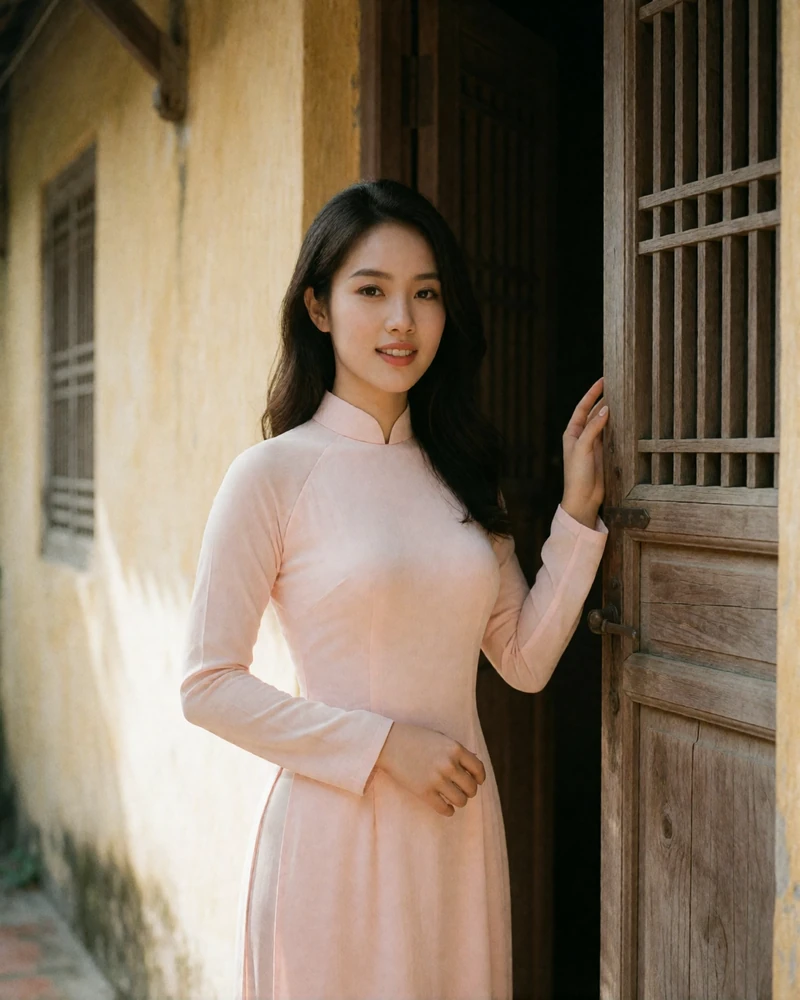 Vietnamese woman in a pale pink ao dai standing beside an old wooden doorway in a quiet courtyard