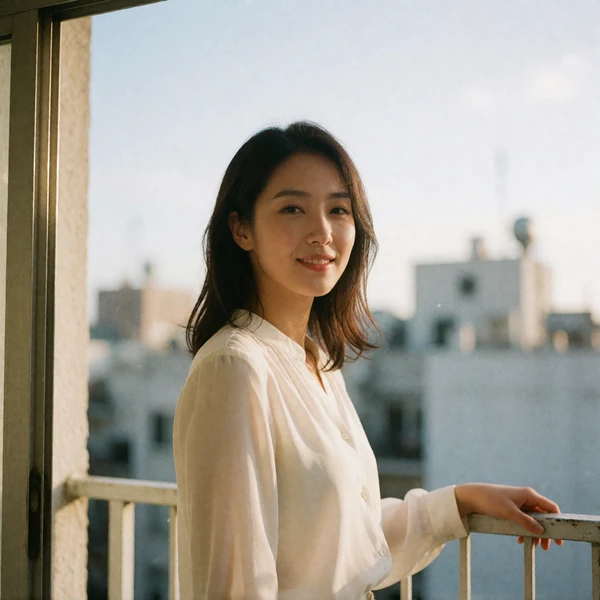 Korean woman in a white blouse standing on an apartment balcony, smiling gently toward the camera