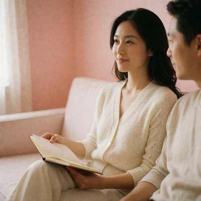 Asian woman resting a notebook on her knee and smiling while practicing phrases with her partner