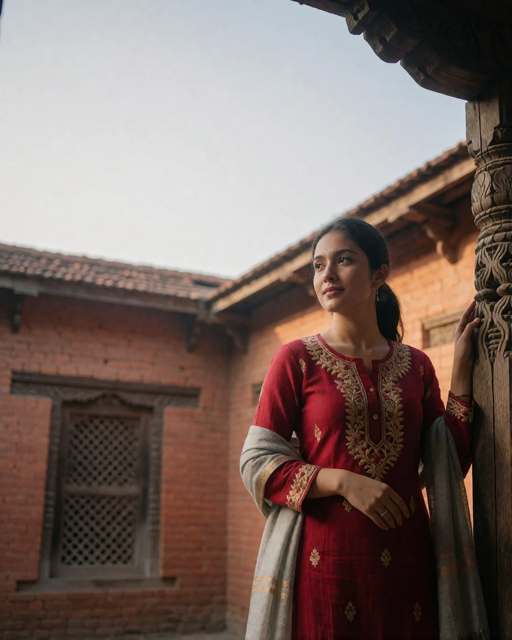 Nepali woman in a deep red kurta with gold embroidery standing in a historic brick courtyard with carved wooden windows