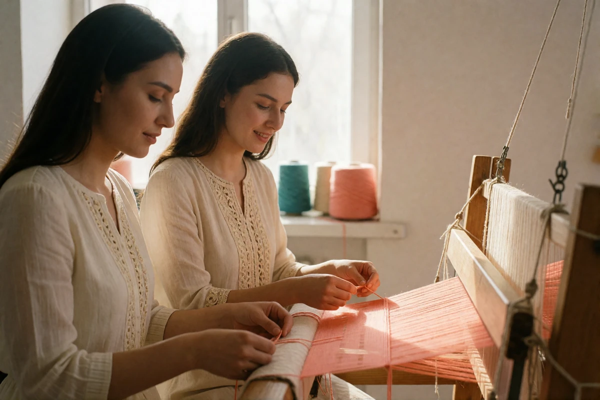 Two Turkmen women working together at a wooden loom, guiding coral and cream threads in a bright workshop