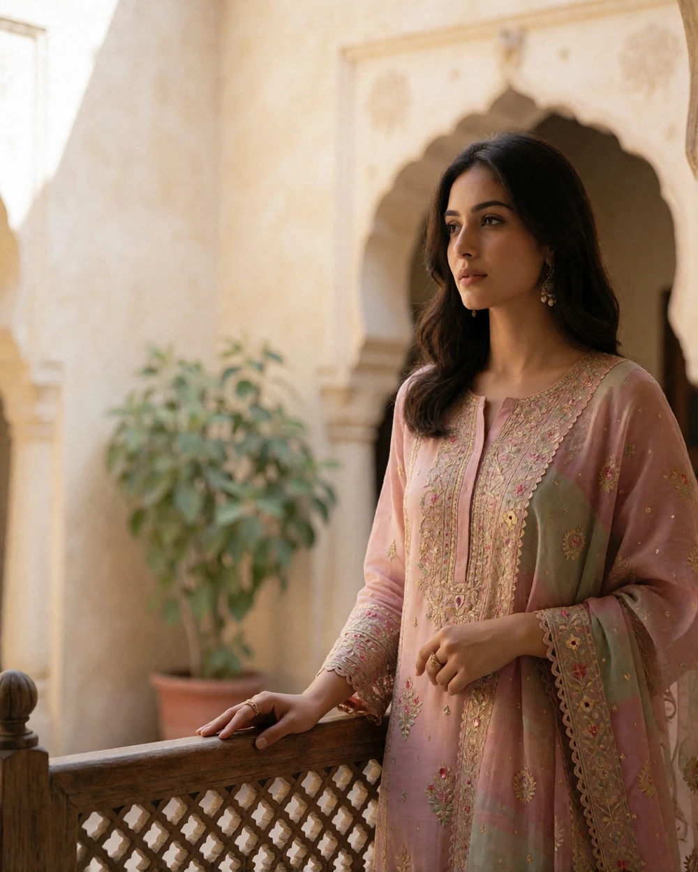 Pakistani woman in a pastel rose embroidered kameez and draped dupatta standing in a sunlit sandstone courtyard
