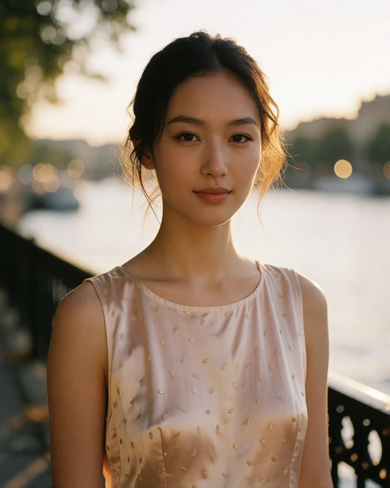 Chinese woman in a blush silk top standing on a riverside promenade at golden hour with a sincere smile