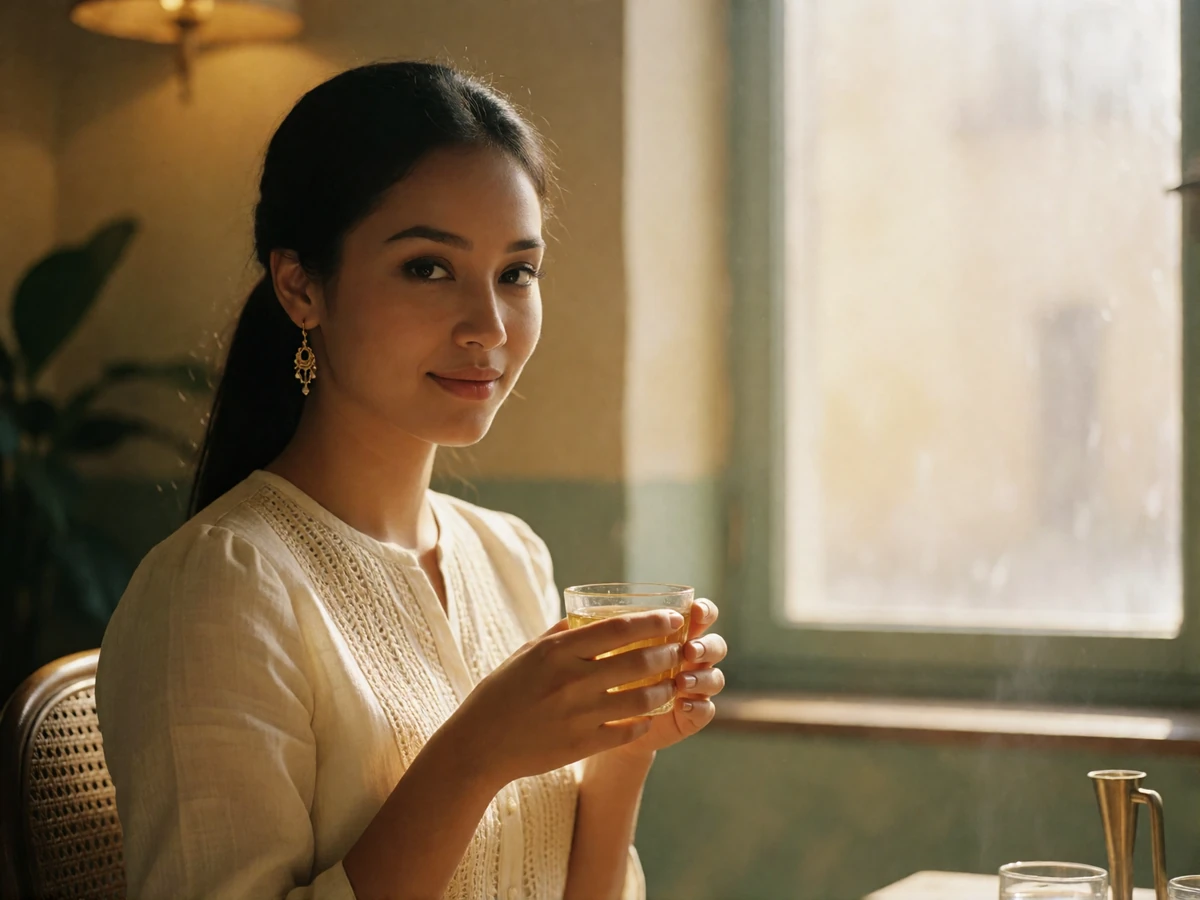 Burmese woman in a soft ivory blouse seated by a sunlit teahouse window with a small glass cup in her hands