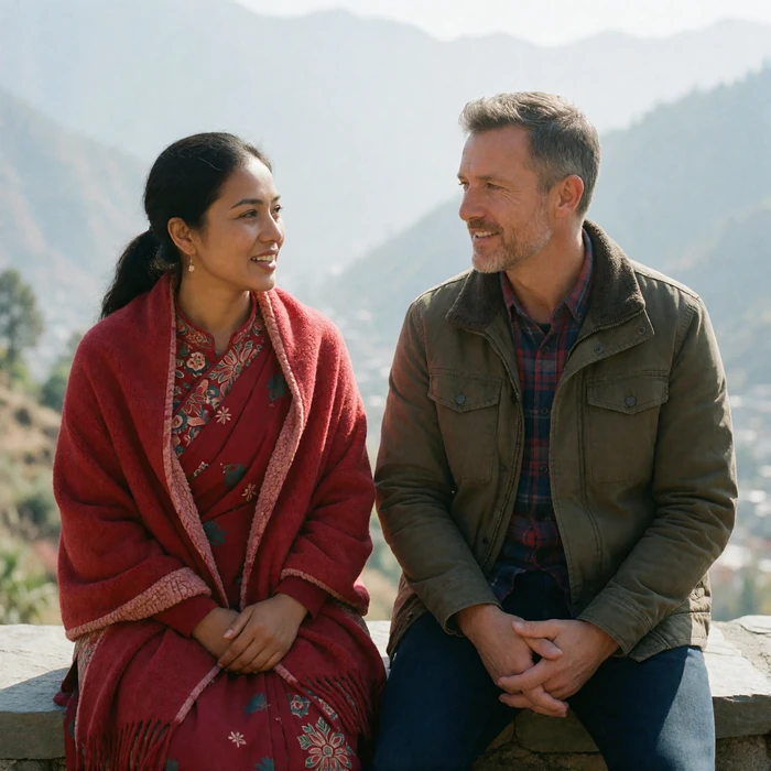 Nepali woman in a red shawl in relaxed conversation with a Western man at a scenic mountain viewpoint