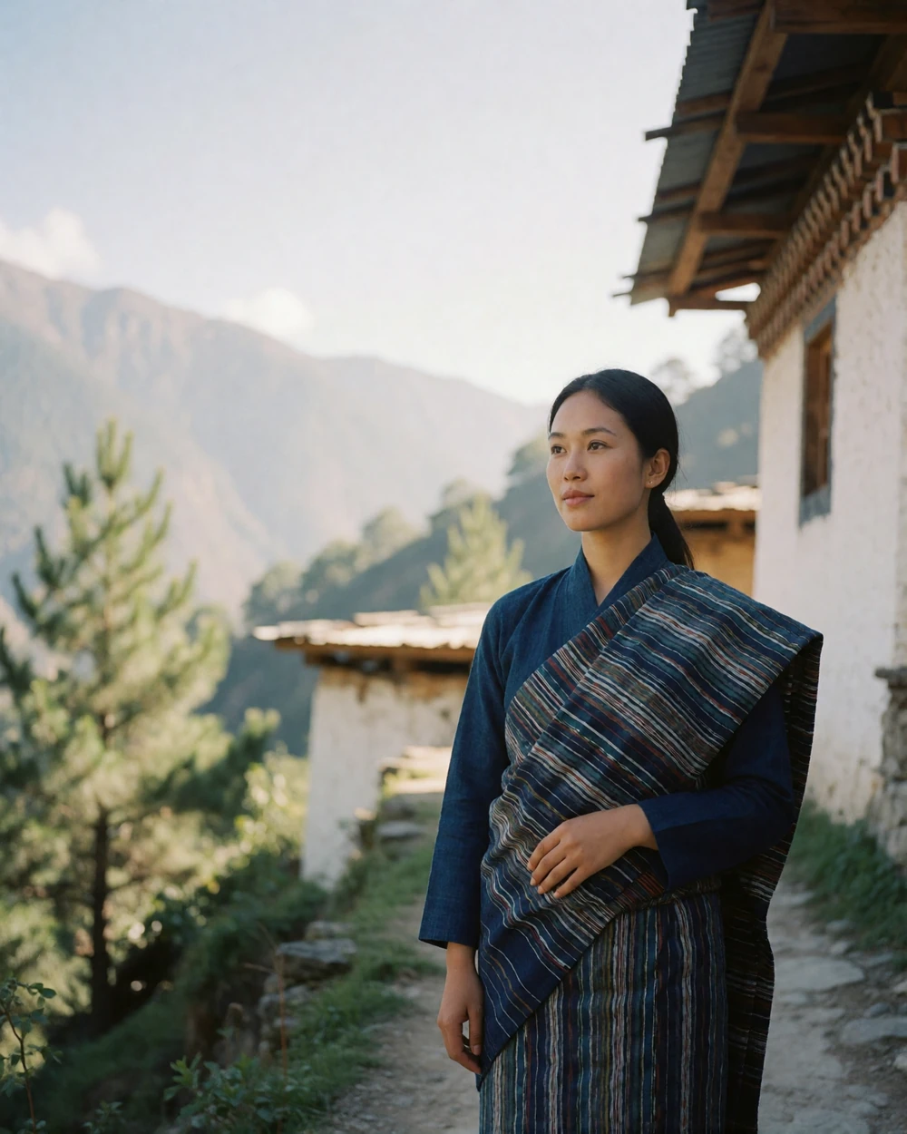 Bhutanese woman in a handwoven indigo kira walking along a mountain village path with pine slopes behind her