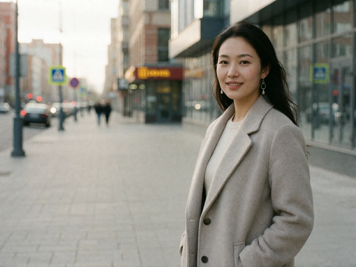 Mongolian woman in a soft grey wool coat smiling on a quiet modern city street in Ulaanbaatar