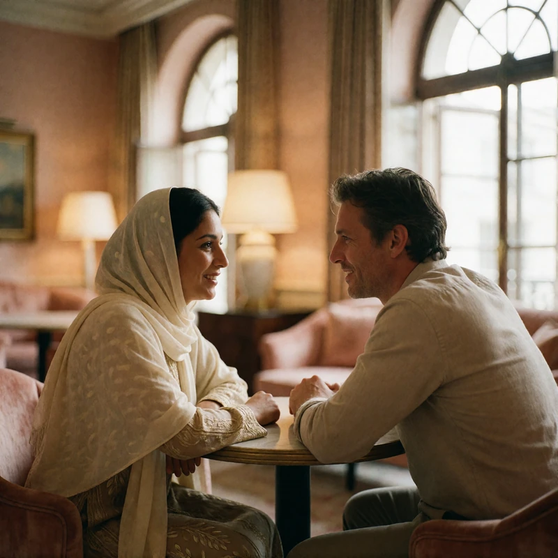Yemeni woman in a cream headscarf and a Western man in conversation at a table in an elegant hotel lounge
