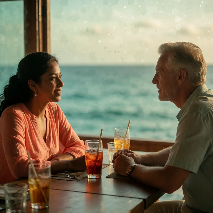 Sri Lankan woman in a coral blouse in relaxed conversation with a Western man at an open-air seaside restaurant table