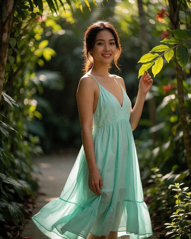 Singaporean woman in a mint sundress standing on a shaded garden path among tropical greenery