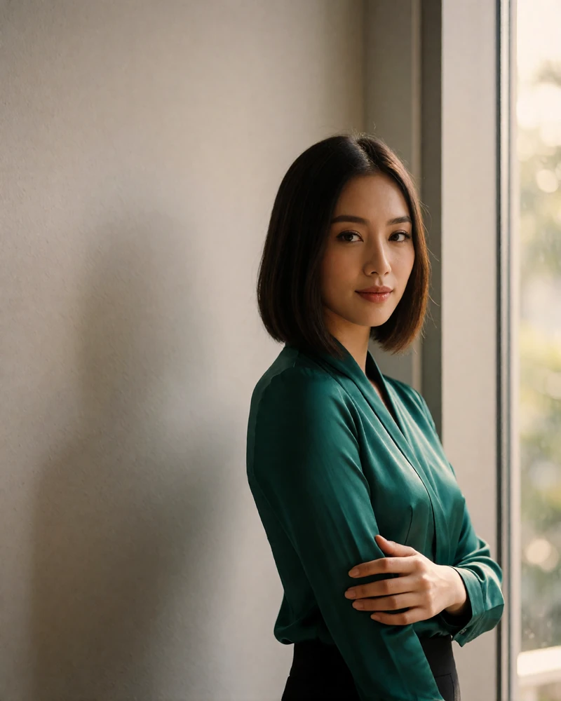 Chinese-Malaysian woman with a sleek bob standing beside a window in a minimalist hotel lobby