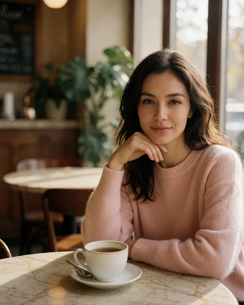 Kazakh woman in a soft pink sweater seated at a café table with tea