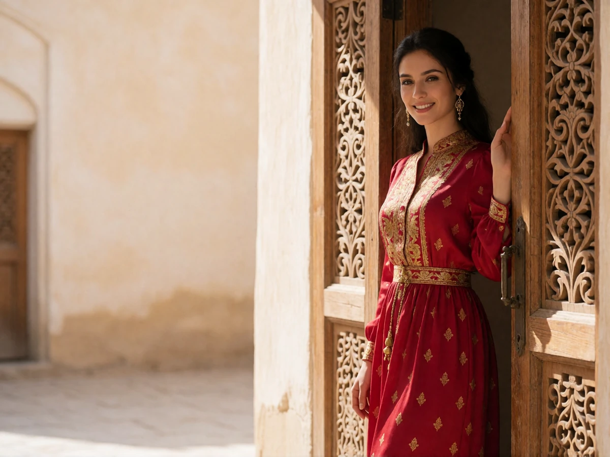 Uzbek woman in a crimson and gold atlas silk dress standing beside an ornate carved wooden door in a sunlit courtyard