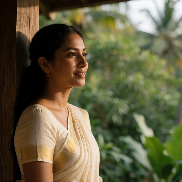 Sri Lankan woman in a cream sari drape leaning against a wooden veranda post with tropical greenery softly blurred behind her