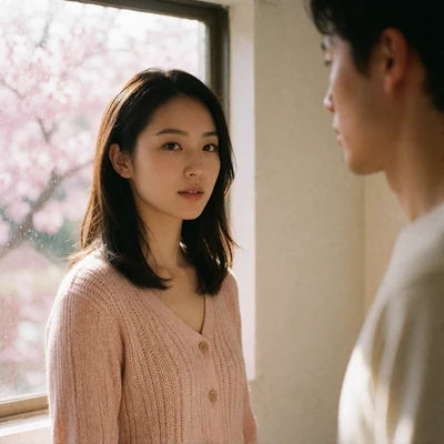 East Asian woman in a blush knit top glancing softly near a bright window