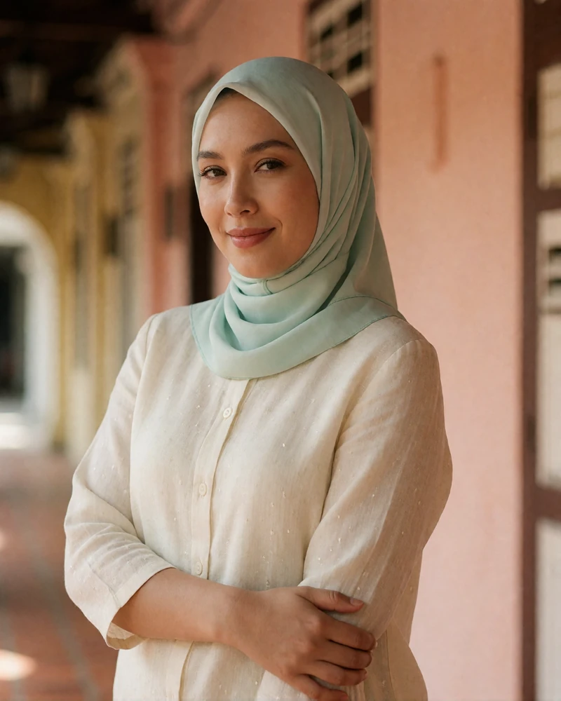 Malaysian woman in a modern pastel headscarf standing near a shaded colonial arcade in Penang