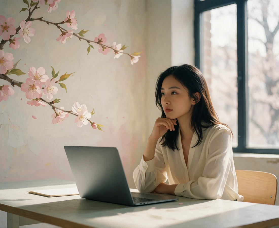 Asian woman working calmly at a bright, minimal desk, representing profile review and account support