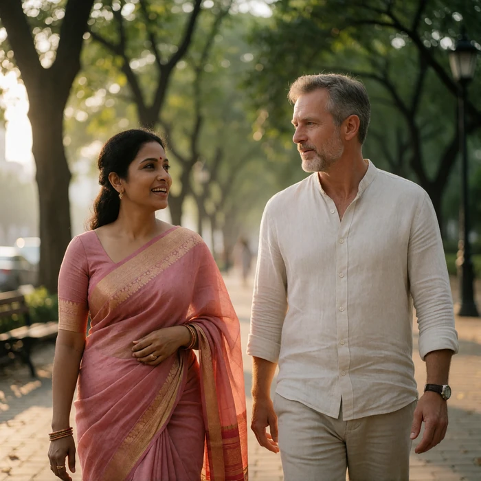 Bangladeshi woman in a rose sari walking with a Western man along a tree-lined city promenade in conversation