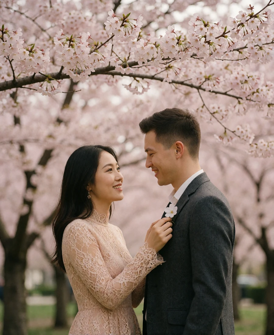 Asian woman in a blush lace dress adjusting a flower on her partner's lapel beneath blooming cherry trees