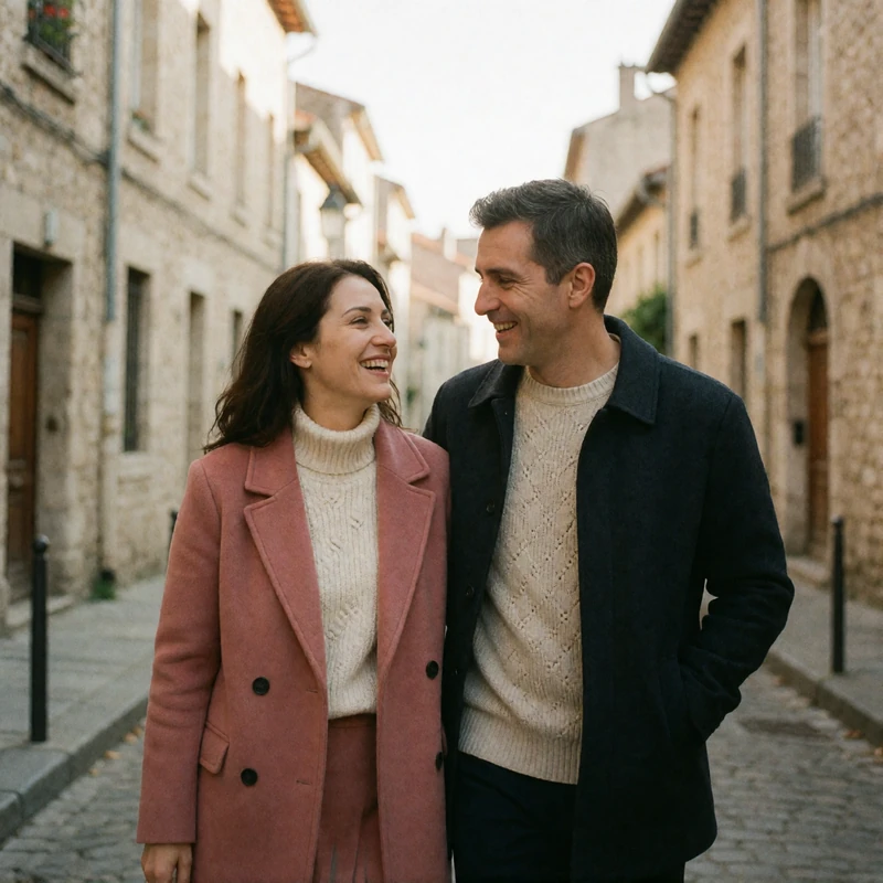 Couple laughing together while walking through a quiet old-town street