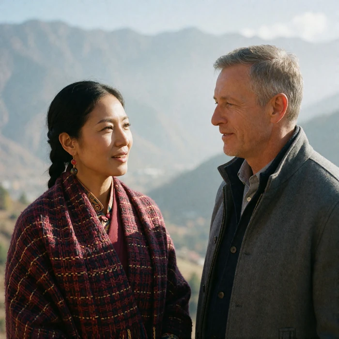 Bhutanese woman and a Western man in quiet conversation at a mountain viewpoint