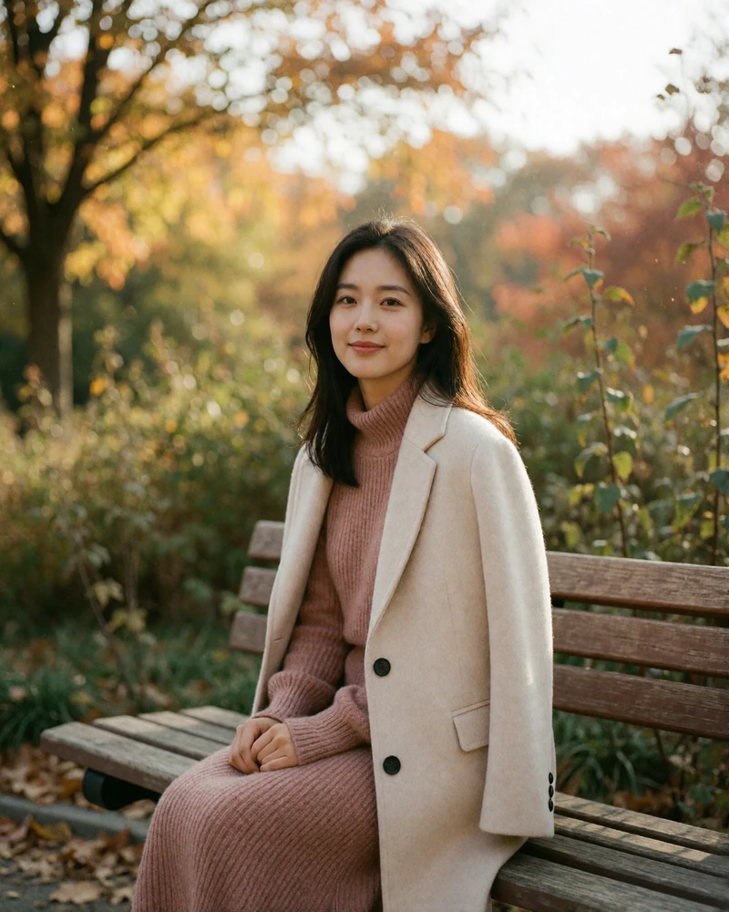 Korean woman in a dusty rose dress sitting on a park bench in warm autumn light