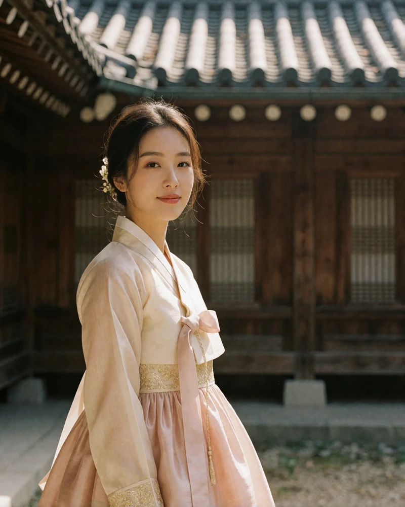 Korean woman in a soft blush modern hanbok-style dress standing in a traditional wooden courtyard