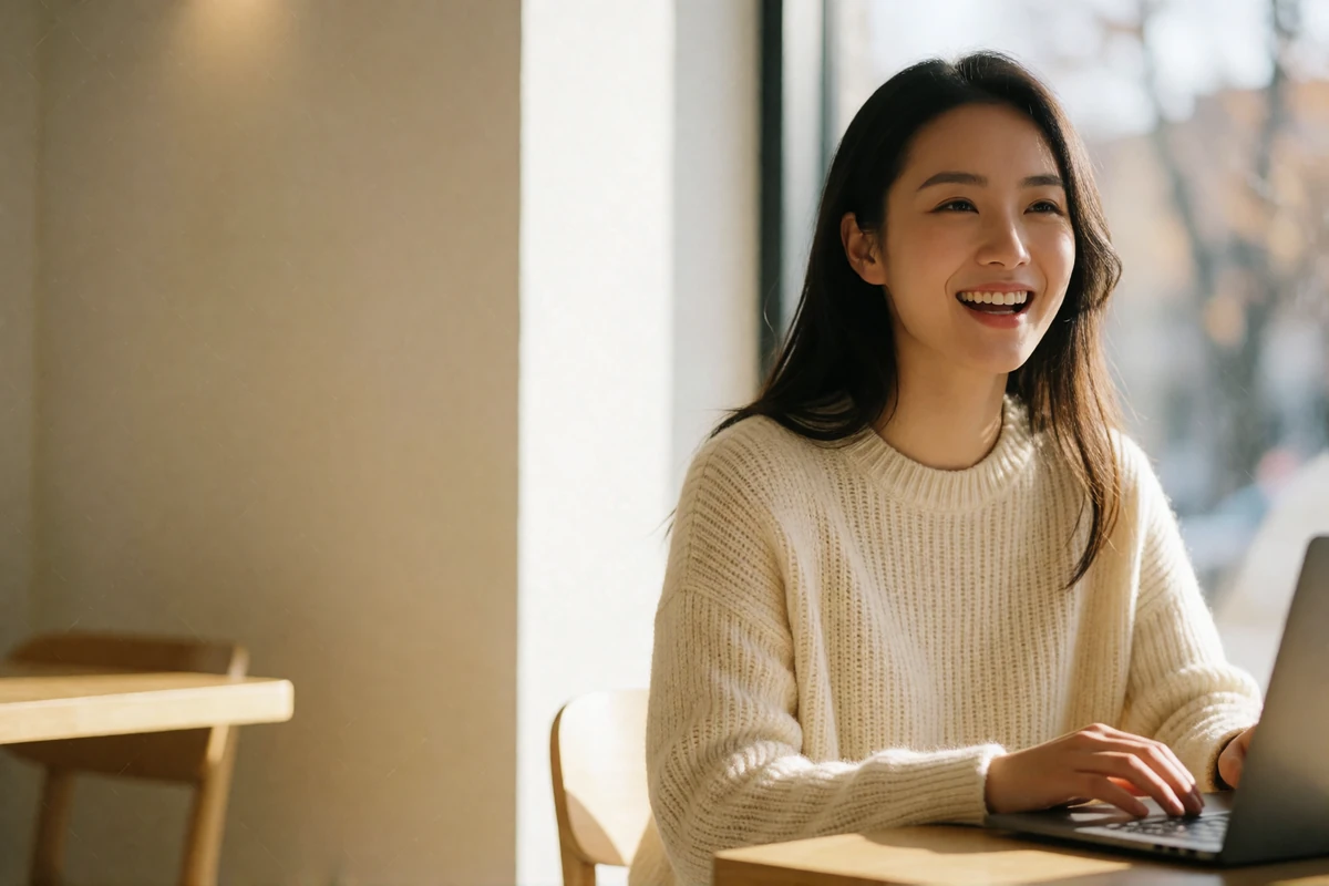 Chinese woman in a cream knit sweater laughing softly in a bright modern cafe beside a closed laptop